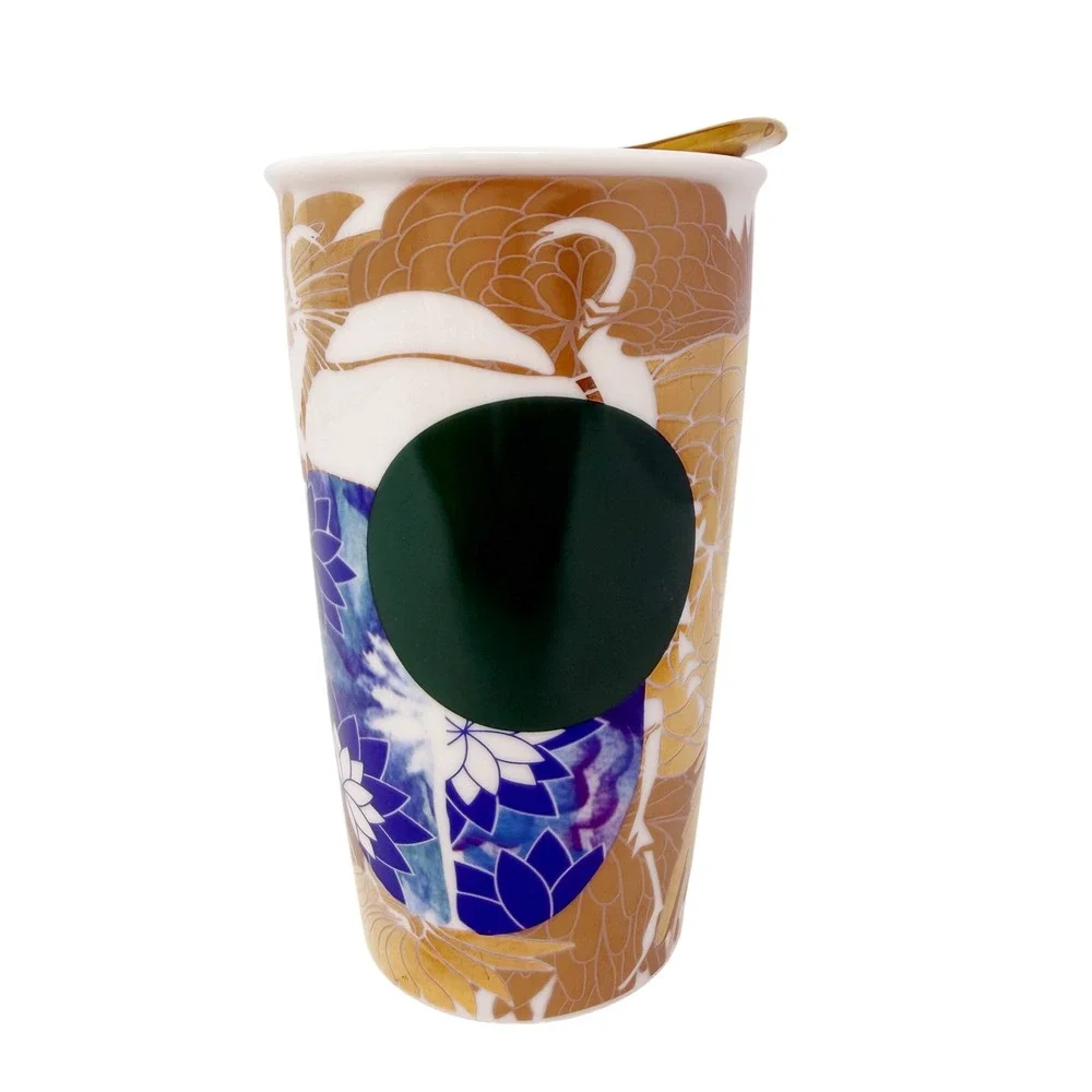 Starbucks 2014 Ceramic Beetle Flower‎ Traveler Dot Collection with Gold Lid
